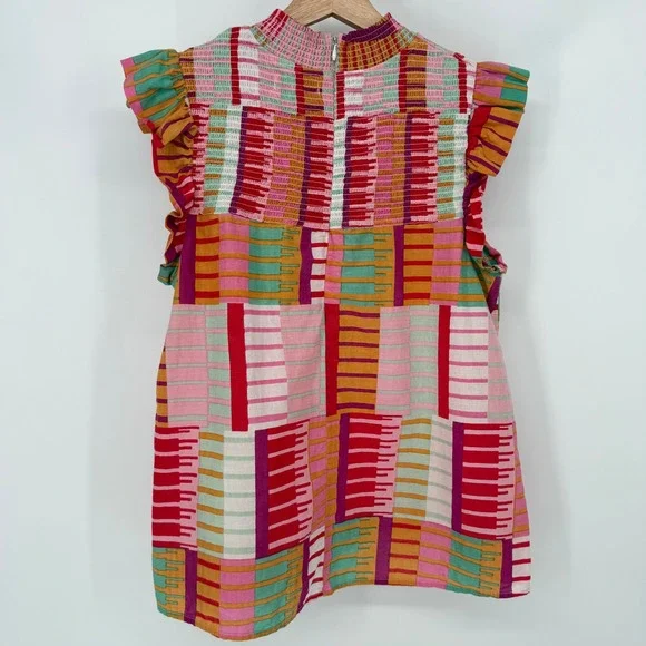 THML Smocked Ruffle Top Womens Medium Multicolor Geometric Patchwork Sleeveless - Picture 5 of 9